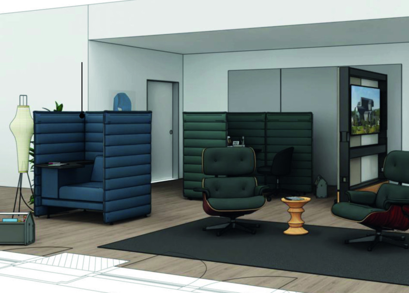 verschiedene Arbeitsplätze im Work-Space mit Kabinen und bequemen Lounge Sesseln