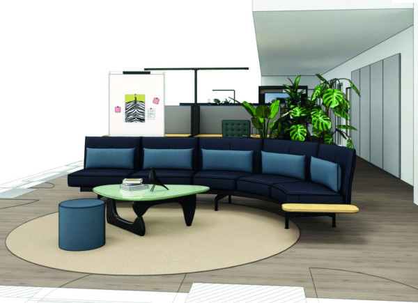 Loungebereich im Work-Space mit rundem Sofa